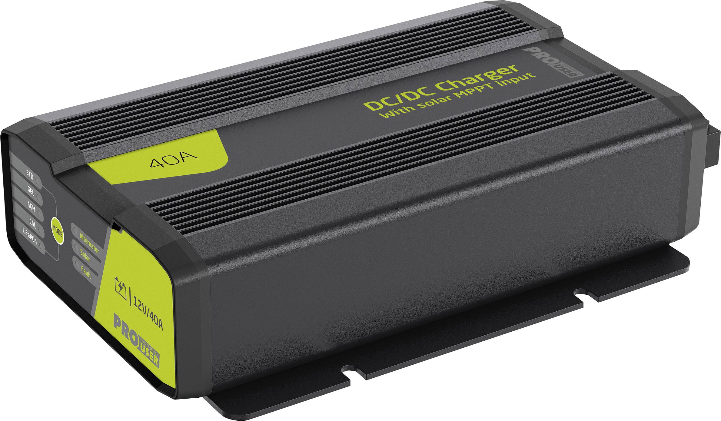 Egy fekete DC/DC-töltő, amelyen a '40A' és a 'DC/DC Töltő napelem MPPT bemenettel' felirat olvasható. Nélkülözhetetlen szoláris alkalmazásokhoz.
