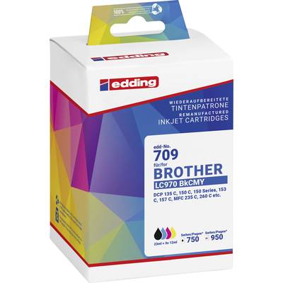 Edding újratöltött tintapatronok csomagolása, kompatibilis Brother nyomtatómodellel (LC970). Tartalmazza a fekete, ciánkék, magenta és sárga színeket.