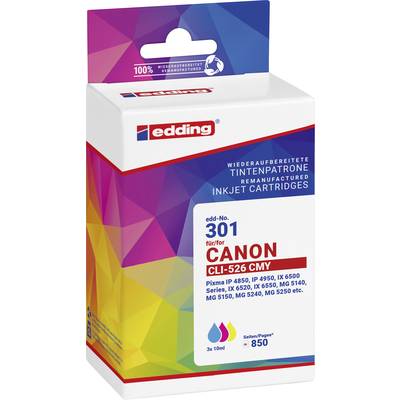 Edding tintapatron, Canon nyomtatókkal kompatibilis, 301-es modell (CLI-526 CMY), 850 oldal nyomtatásához, 3x10ml, színes csomagolásban.