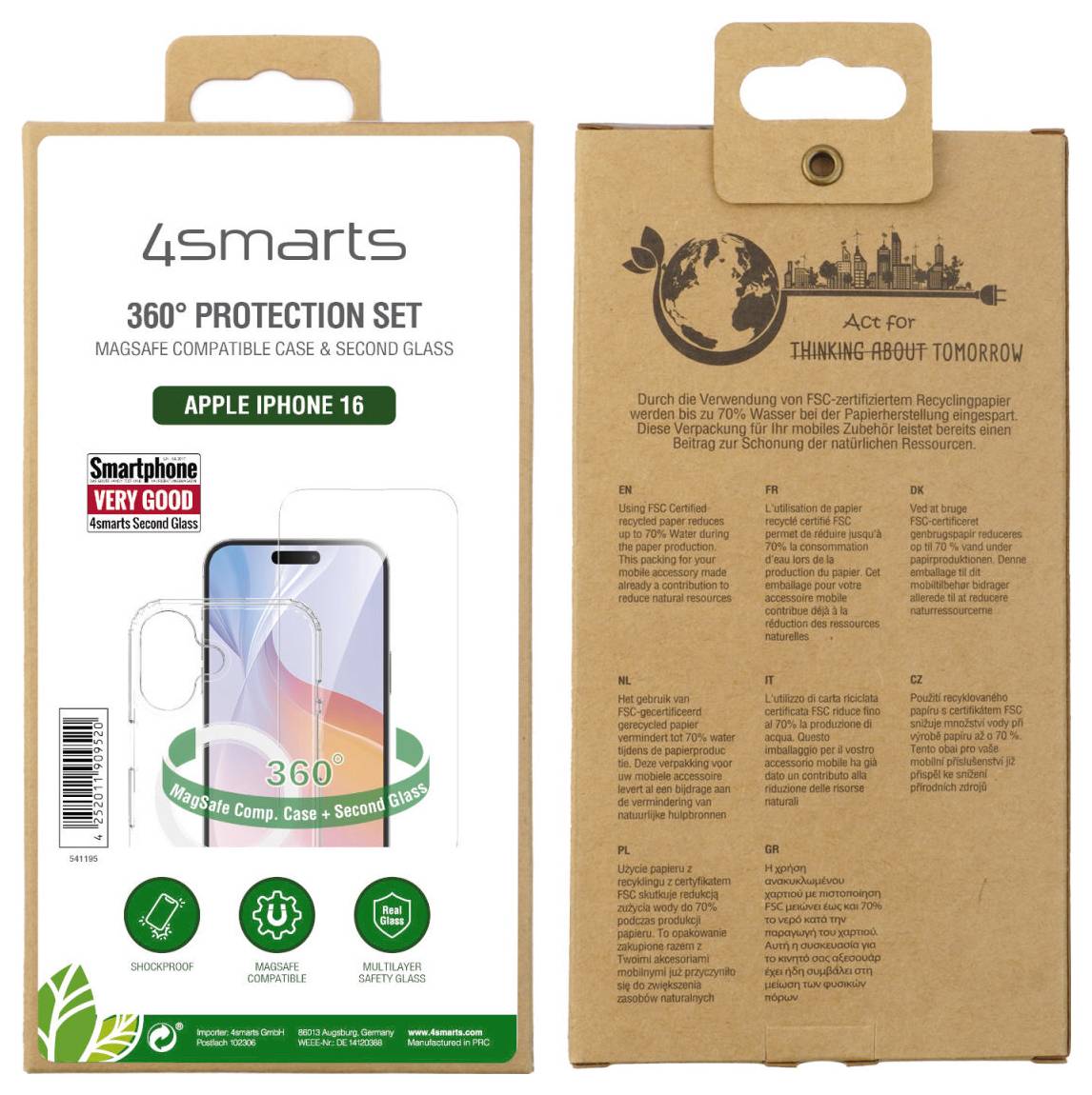 A 4smarts 360°-védelmi szett csomagolása az iPhone 16 készülékhez. Tartalmaz Magsafe-kompatibilis tokot és védőüveget. Környezetbarát csomagolásban.