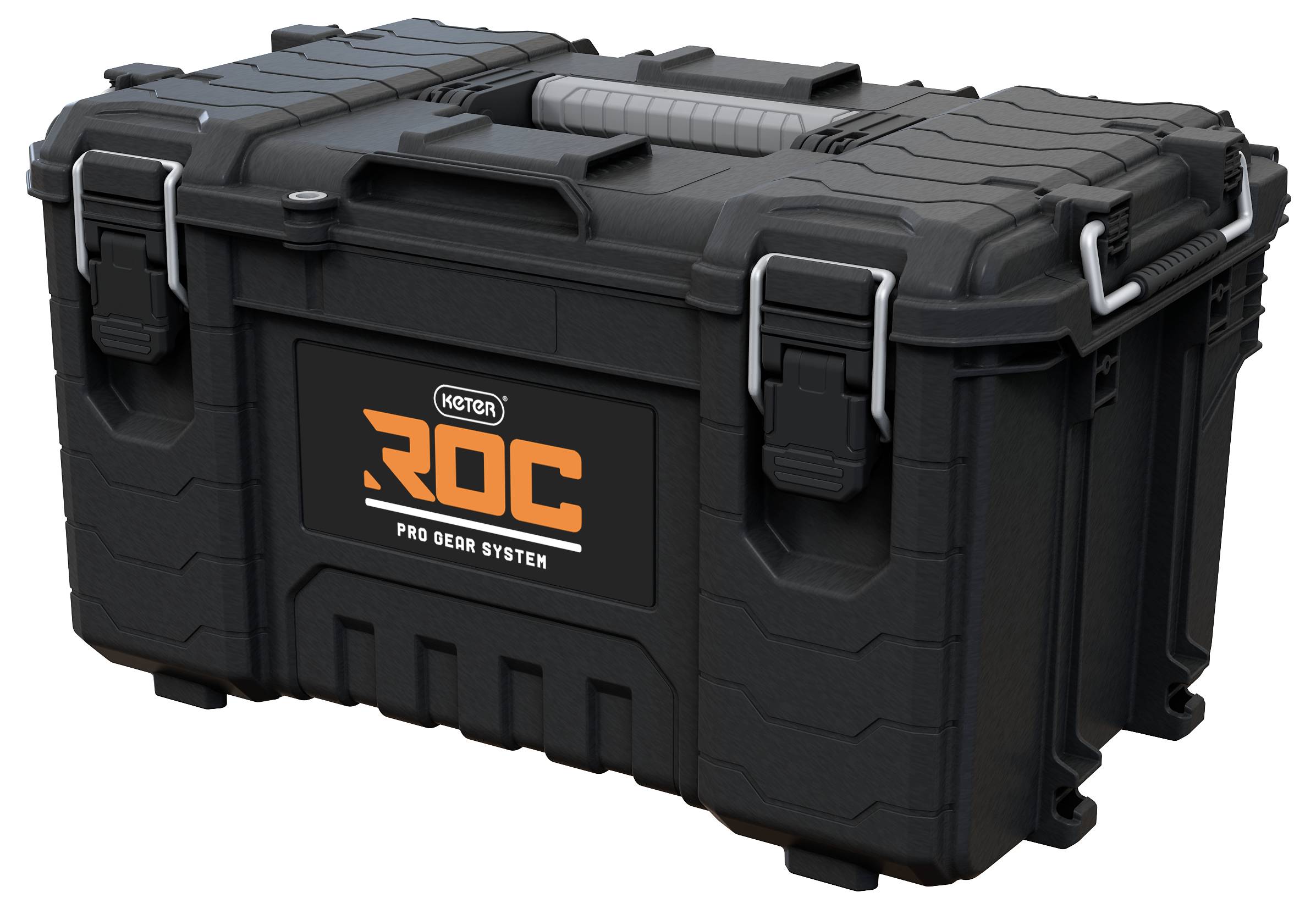 Fekete, robusztus szerszámosláda 'Keter ROC Pro Gear System' felirattal, alkalmas szerszámok biztonságos tárolására.