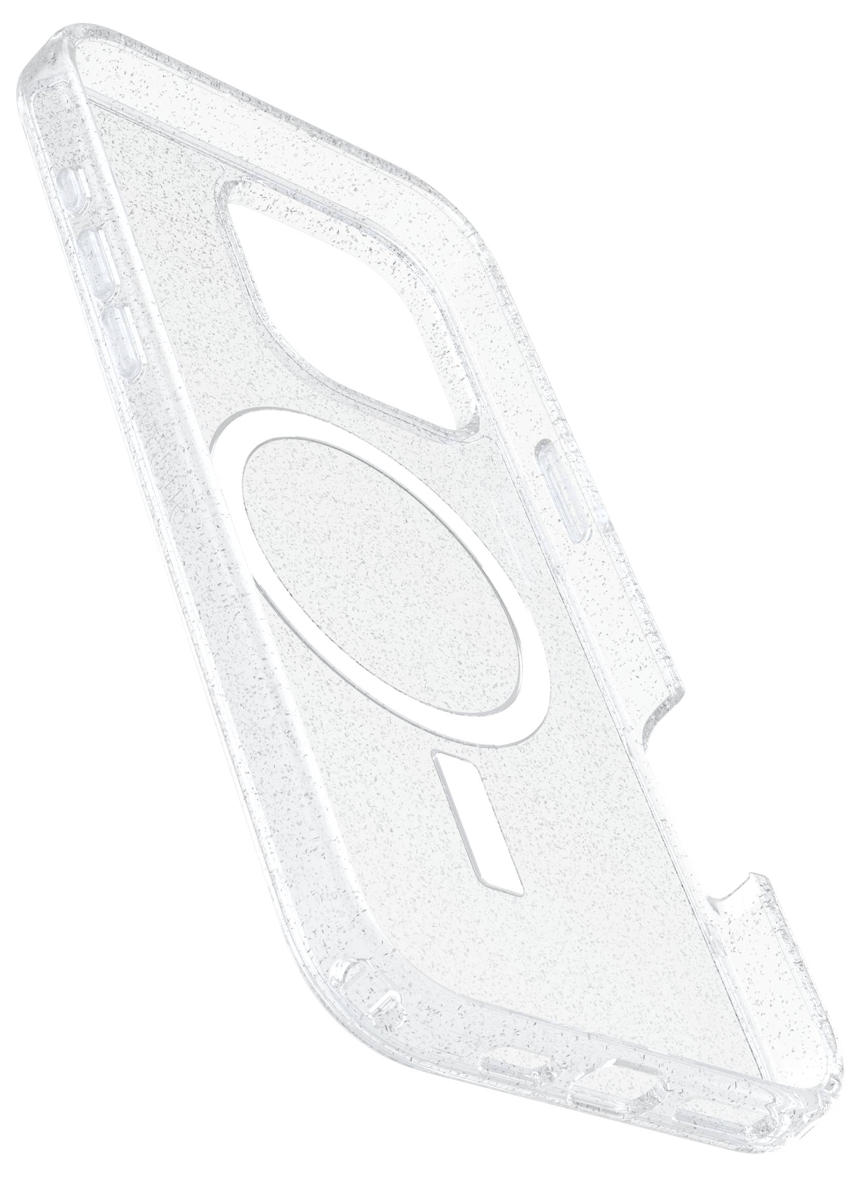 Átlátszó mobiltelefon tok beépített MagSafe gyűrűvel, vezeték nélküli töltéshez, védelmet és kompatibilitást nyújt iPhone típusokhoz.