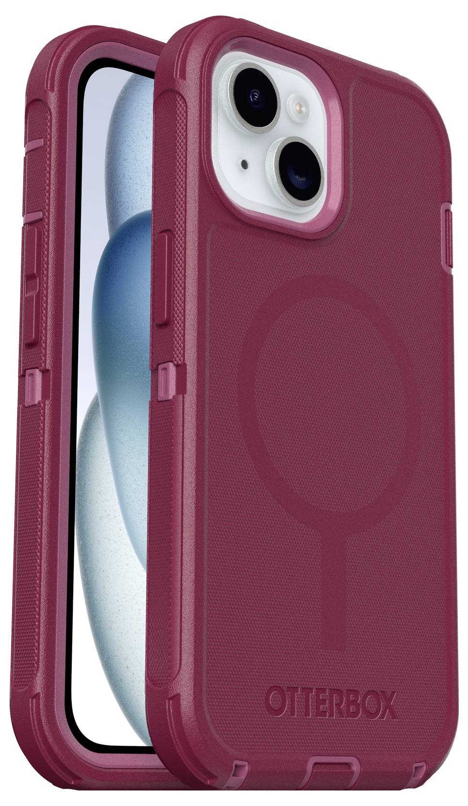 Piros Otterbox mobiltelefon tok MagSafe támogatással, védő kialakítással, egy okostelefon számára, hátsó és oldalsó nézet.