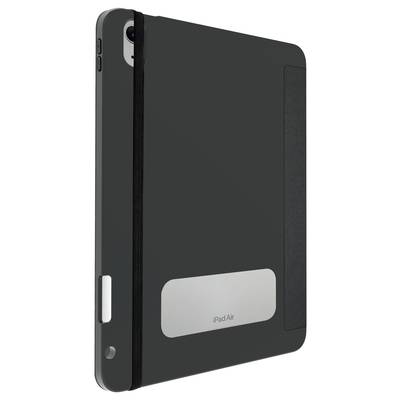 Egy fekete védőtok iPad Air-hez, rugalmas zárószalaggal. A hátoldalán egy ezüst lemez látható, amelyen az 'iPad Air' felirat szerepel.