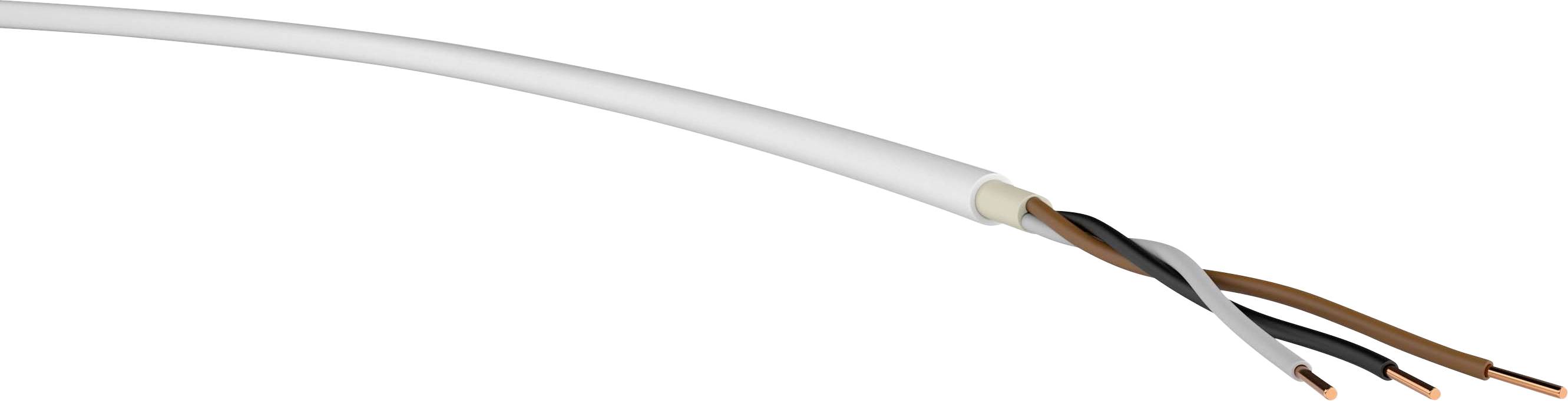 Egy négy szabadon álló eret tartalmazó elektromos kábel, két barna és két fekete ér, különböző huzalszíneket mutat.