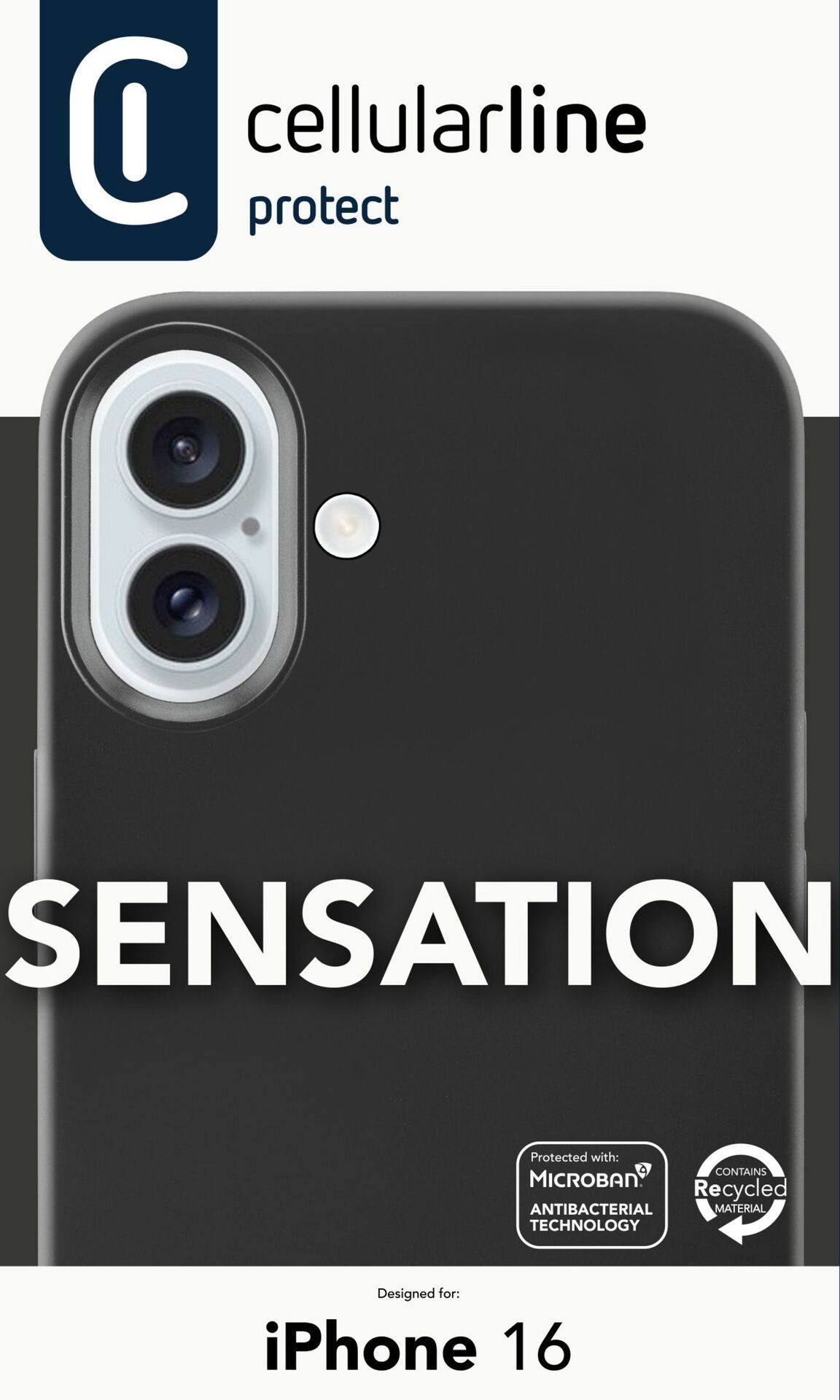 Fekete telefontok 'Sensation' iPhone 16-hoz a Cellularline-tól, mikroba elleni védelemmel és újrahasznosított anyagból.
