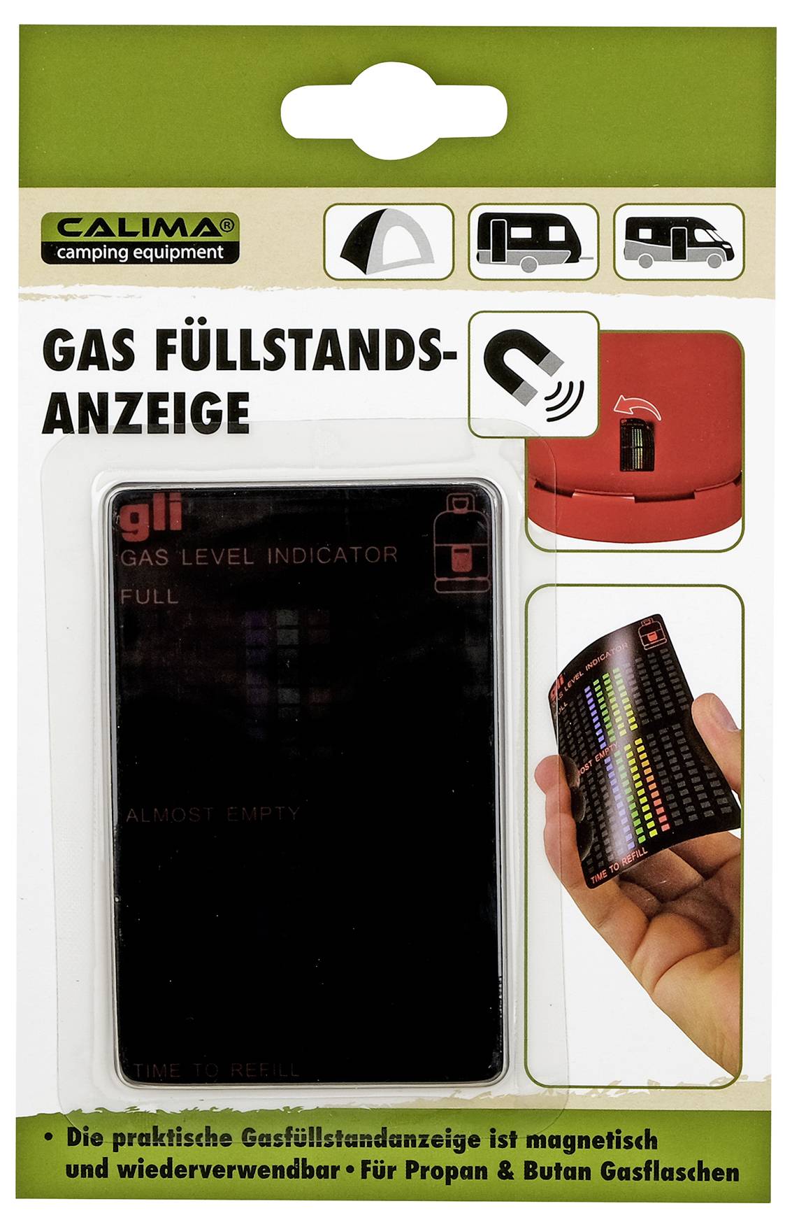 A „Gázszint mágneses kijelzője" egy nyíllal balra fent egy piros gázpalackon jelzi, hogy mágnesesen tapad.