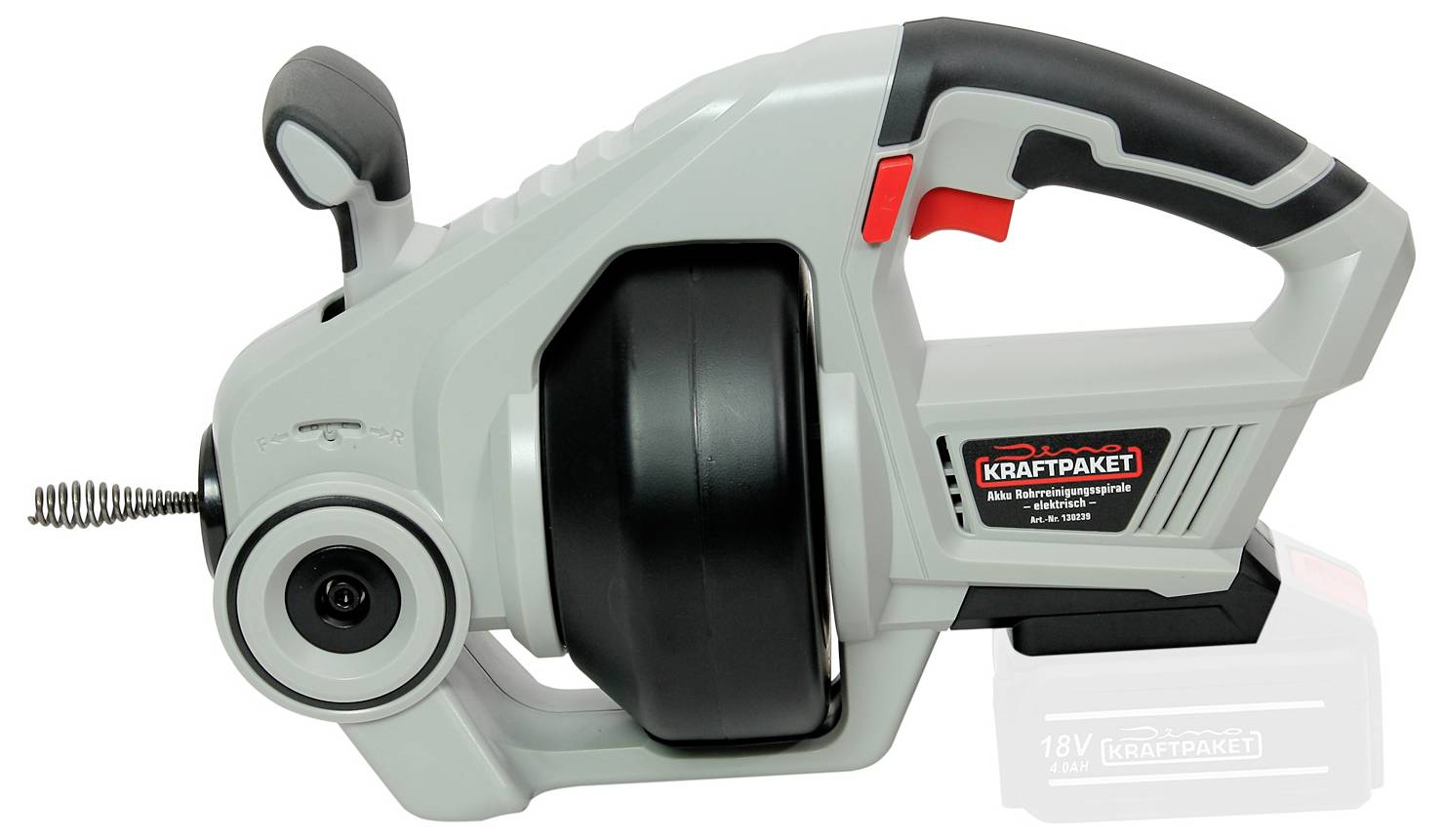 Könnyen kezelhető, akkumulátoros csőtisztító készülék, ergonomikus fogantyúval és fekete dobbal, amely kiváló rugalmasságot és mobilitást biztosít csőtisztítási munkálatokhoz.