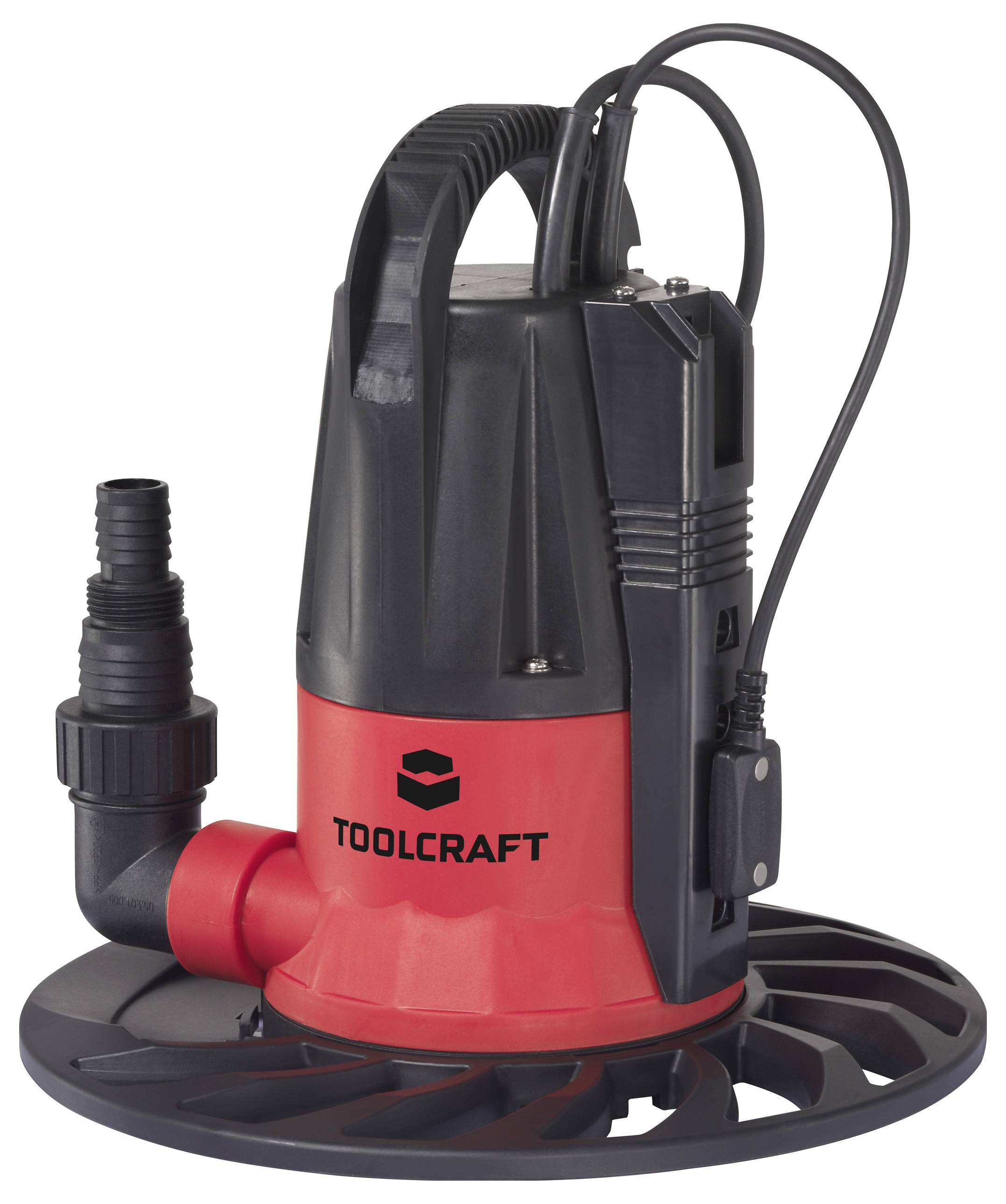 Egy fekete és piros TOOLCRAFT márkájú merülőszivattyú, egy fogantyúval és tömlőcsatlakozóval.