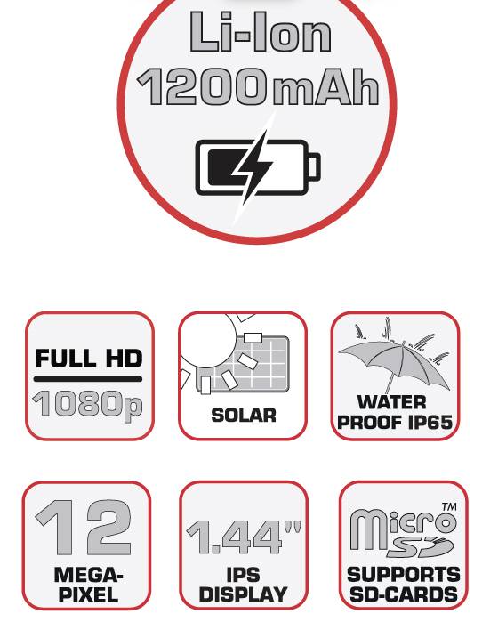 'Li-Ion 1200mAh akkumulátor', 'Full HD 1080p', 'Napelemes', 'Vízálló IP65', '12 megapixel', '1,44"-os IPS kijelző', 'Támogatja a Micro SD-kártyákat'
