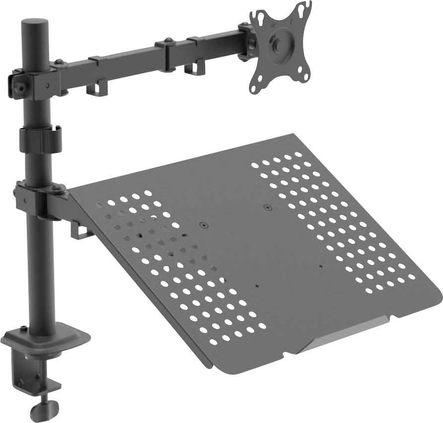 Monitor tartó konzol állítható laptop tartóval és csíptetős rögzítéssel íróasztalokhoz. Alkalmas rugalmas munkaterület kialakításához.