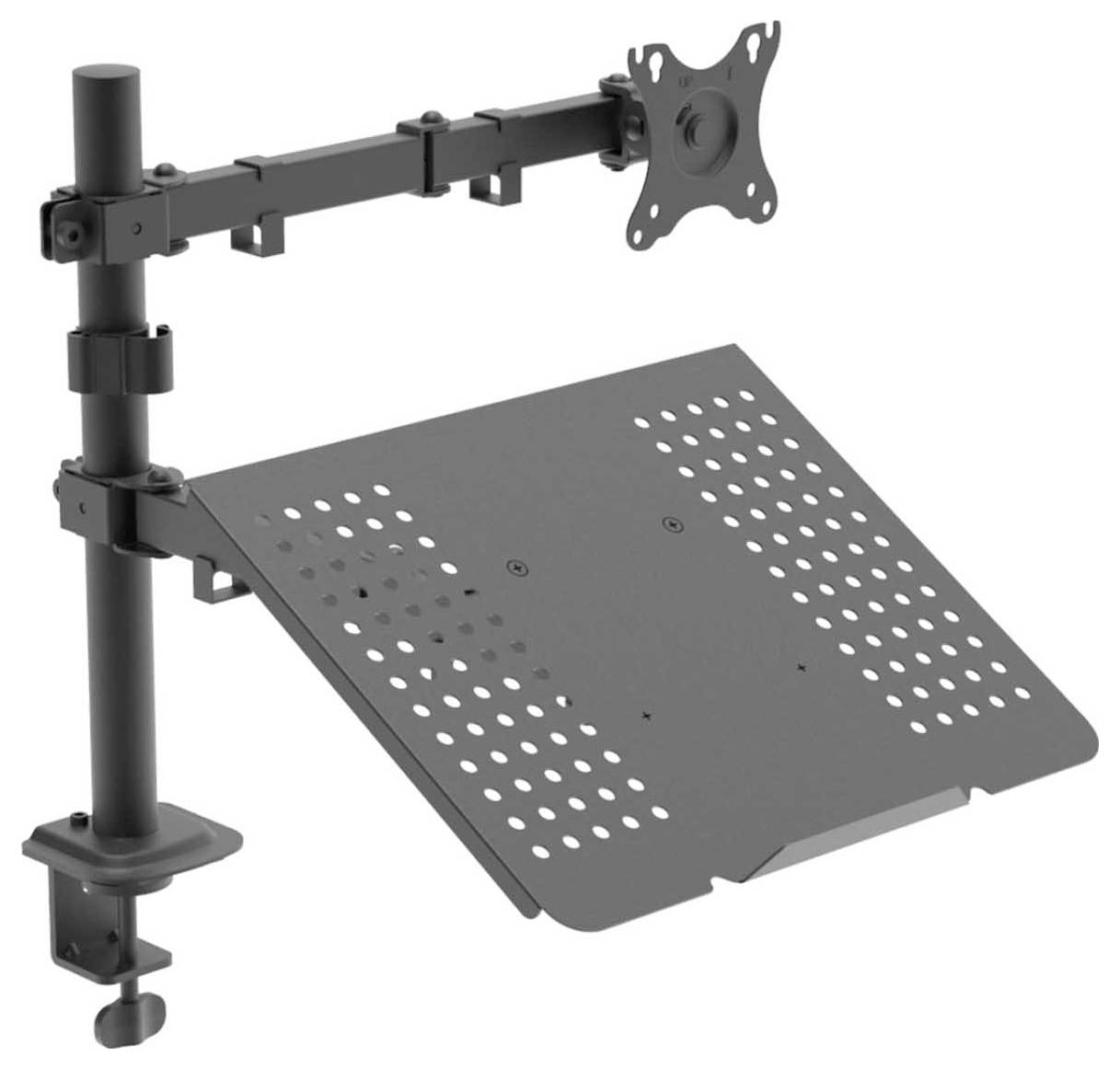 Egy állítható monitorkar képe perforált laptoptartóval, asztali rögzítésre. Alkalmas eszközök rugalmas beállítására.