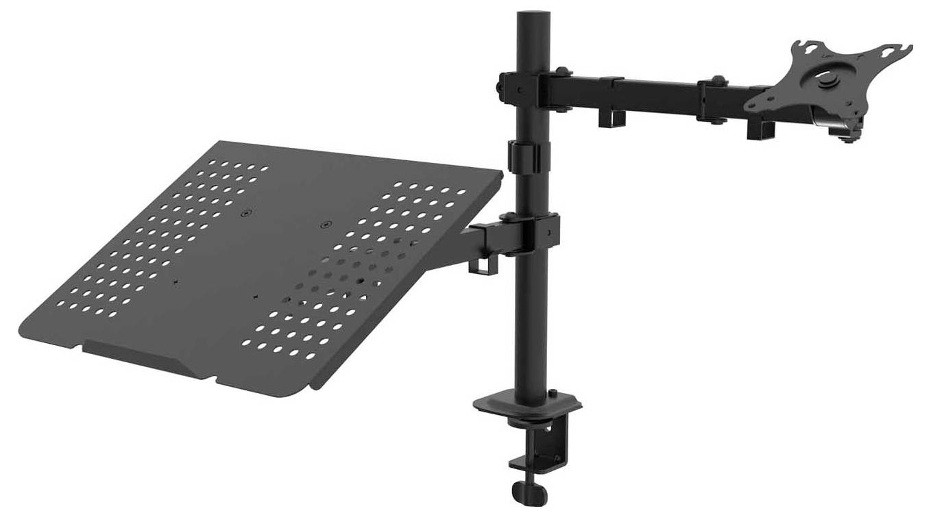 Egy fekete monitorállvány csuklós karral, monitor és laptop tartására, asztalra rögzíthető, magasságállítható kivitelben.