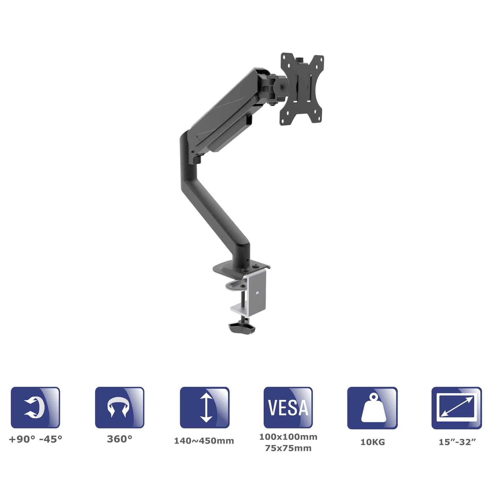 Állítható monitorkar asztali csíptetővel, 360 fokosan forgatható, 15"-32" monitorokhoz alkalmas, max. 10 kg teherbírás, VESA kompatibilis (100x100mm, 75x75mm).