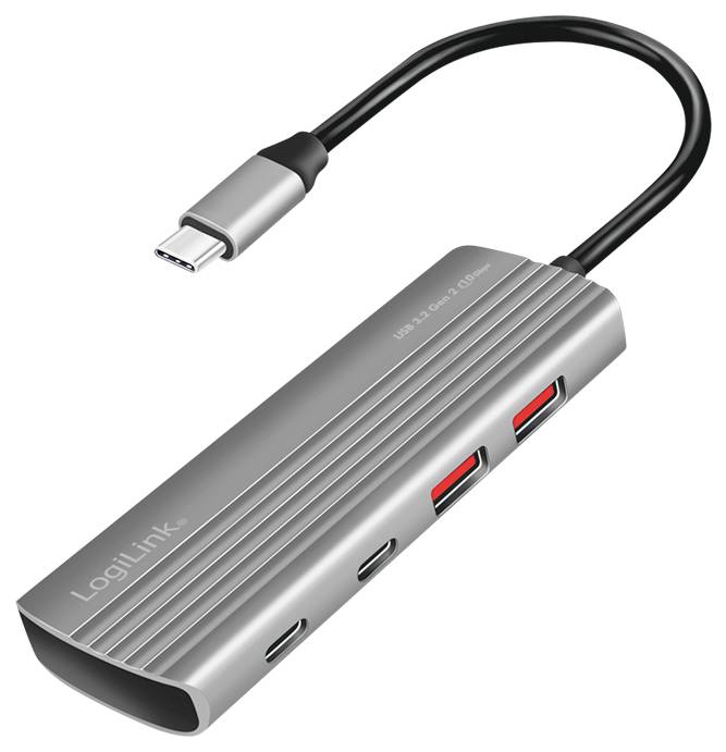 Egy ezüstszínű USB-C elosztó több csatlakozóval, köztük USB-A és USB-C portokkal, amely ideális egy számítógép csatlakozási lehetőségeinek bővítésére.