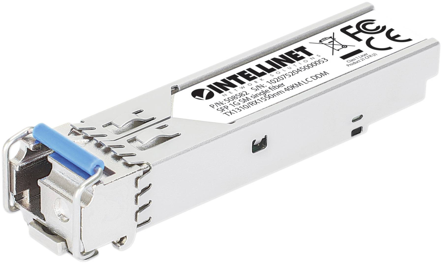 Egy Intellinet hálózati SFP modul. A kép az elülső oldalt mutatja kék rögzítőkapoccsal és műszaki specifikációkkal.