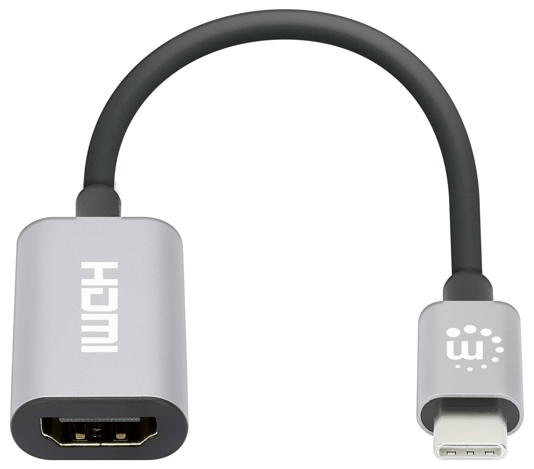Egy szürke HDMI-adapter USB-C csatlakozóval, amelyet különböző interfészű eszközök összekapcsolására használnak.