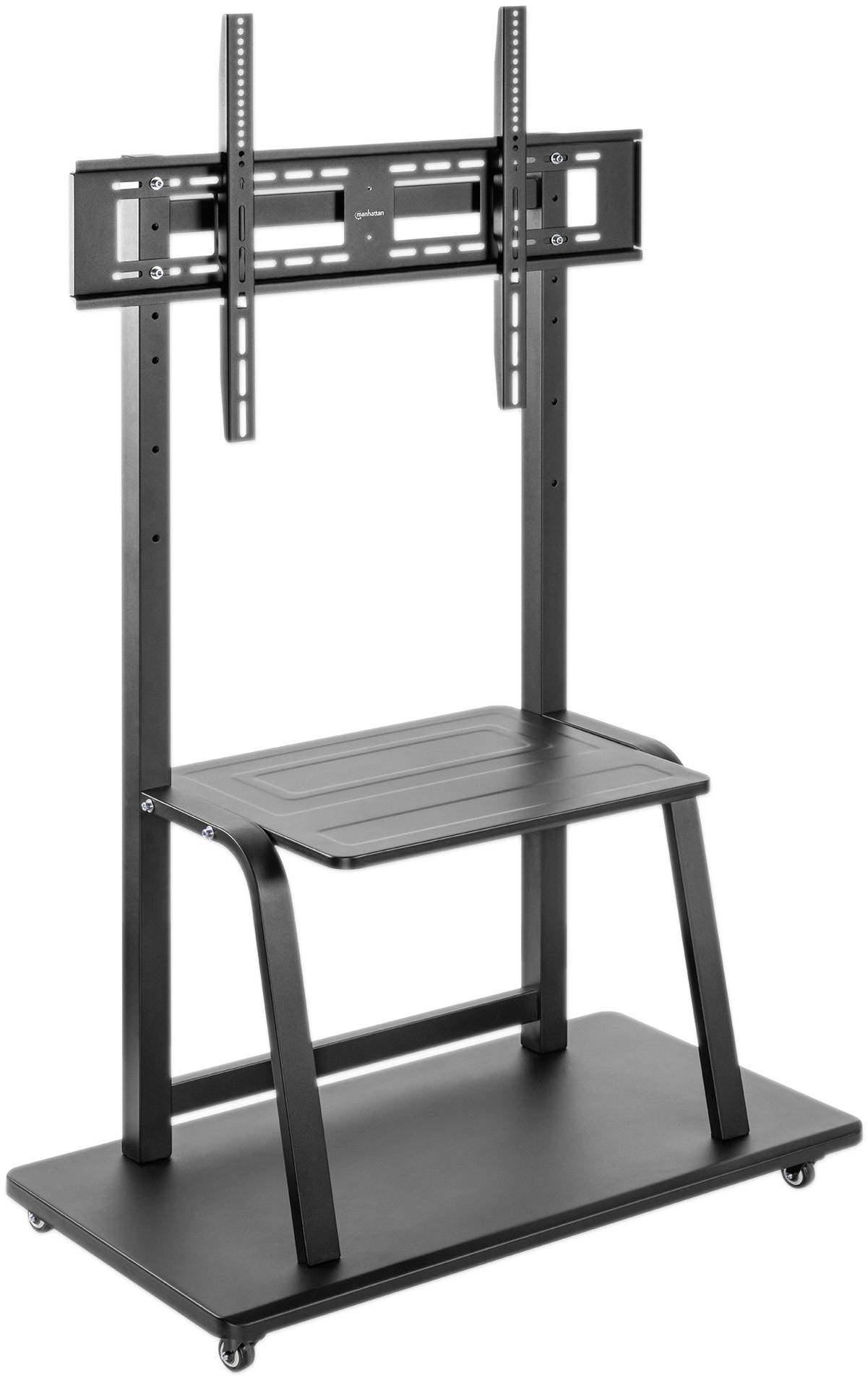 Hordozható TV-tartó állvány konzollal, magasságállítható kerettel, masszív talppal és kerekekkel a könnyű mozgathatóságért.