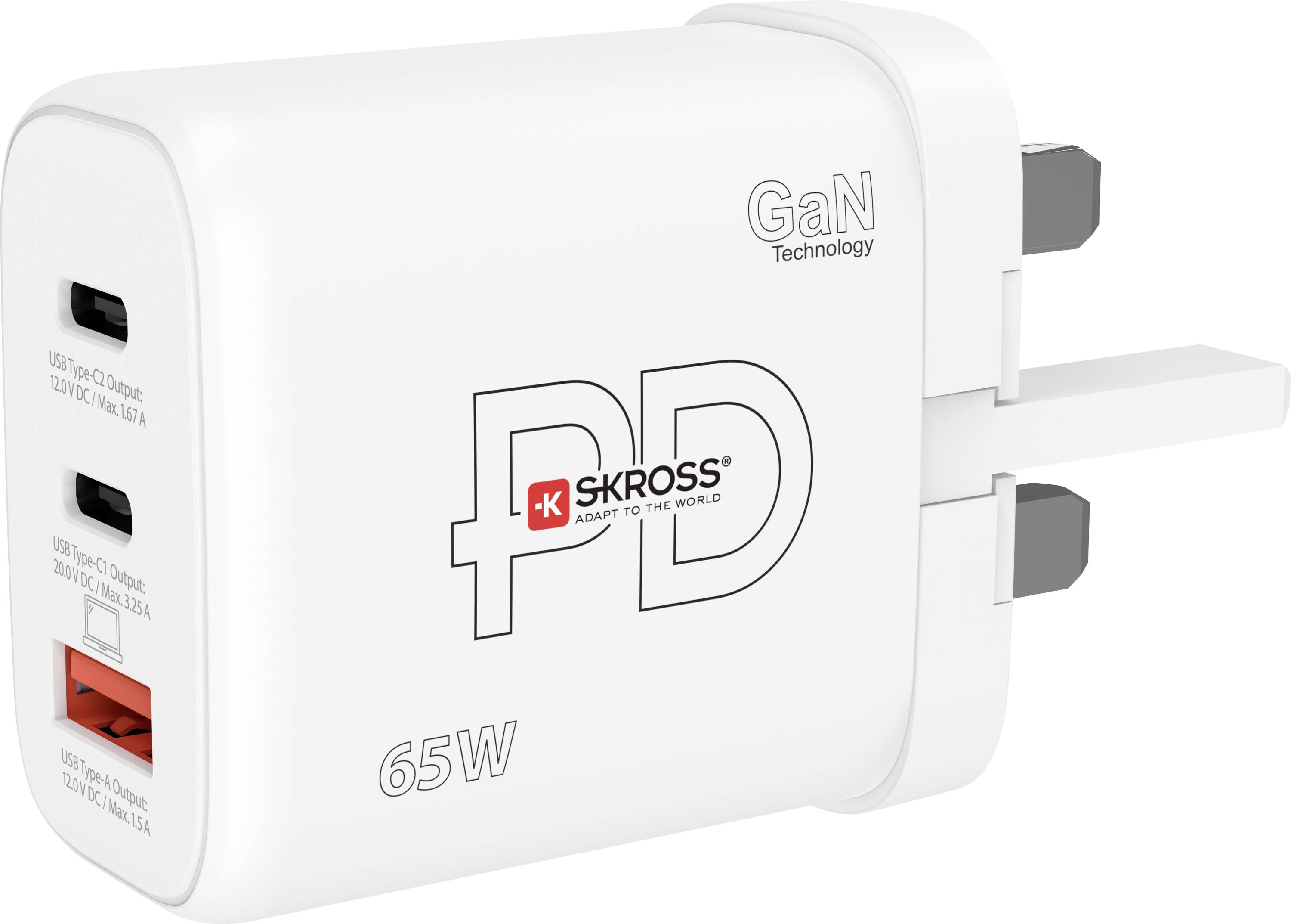 Skross Power Charger 65W PD GaN UK USB-s töltőkészülék 65 W 1x USB-A, 2x USB-C® Power Delivery Fehér Beltér