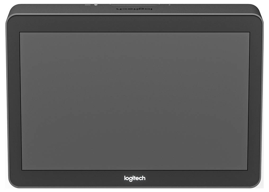 Egy fekete monitor a Logitech logóval az elején. A képernyő ki van kapcsolva és nem jelenít meg semmilyen tartalmat.