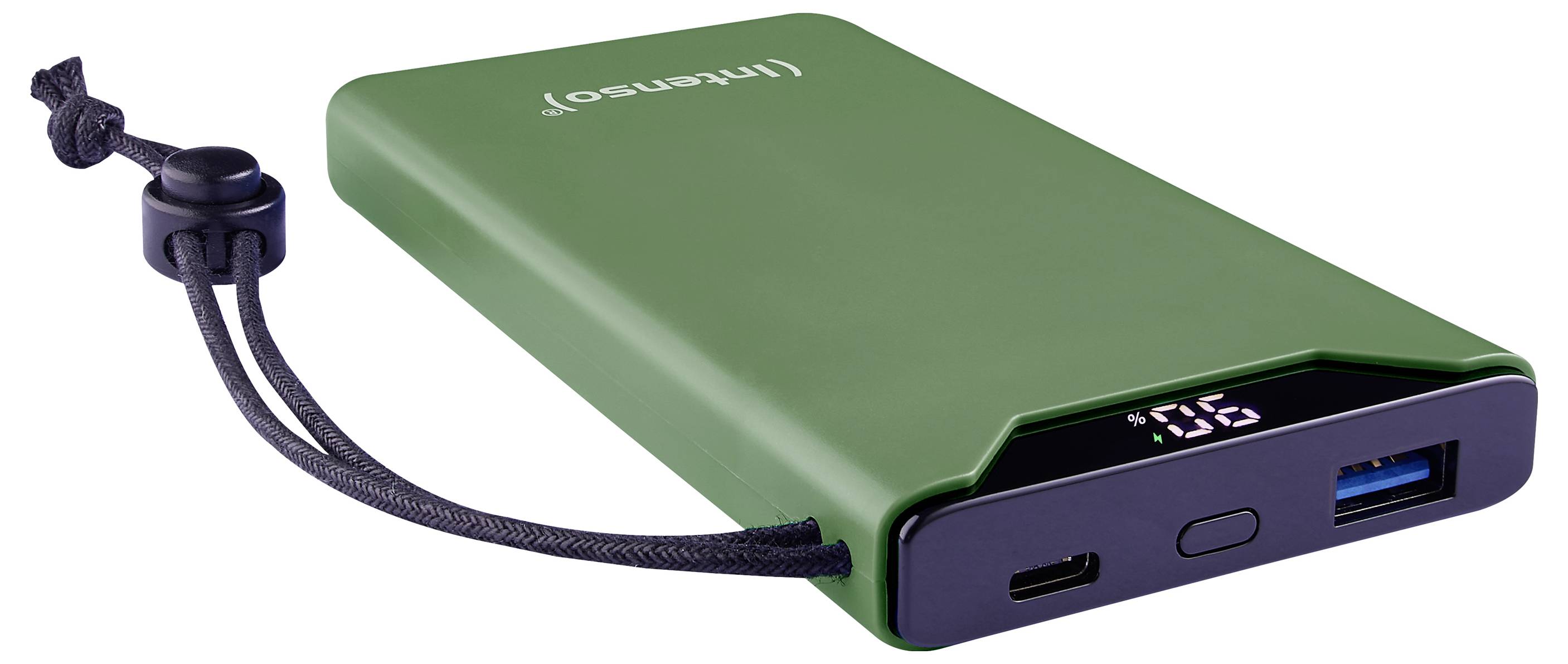 Zöld powerbank lekerekített sarkokkal, USB- és USB-C csatlakozókkal, digitális kijelzővel és egy fekete hurokkal a rögzítéshez.