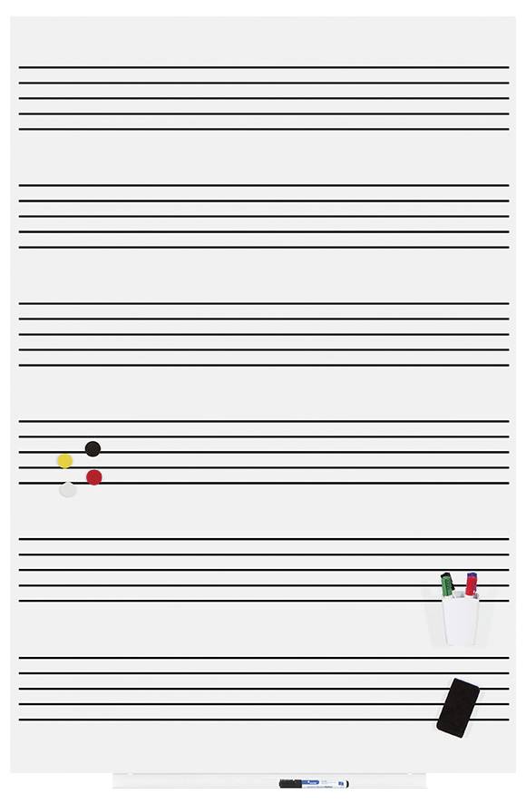 Kottasor öt vonallal. Piros, sárga és fekete mágnesek a vonalakon. Két toll és egy szivacs rögzítve a szélén.