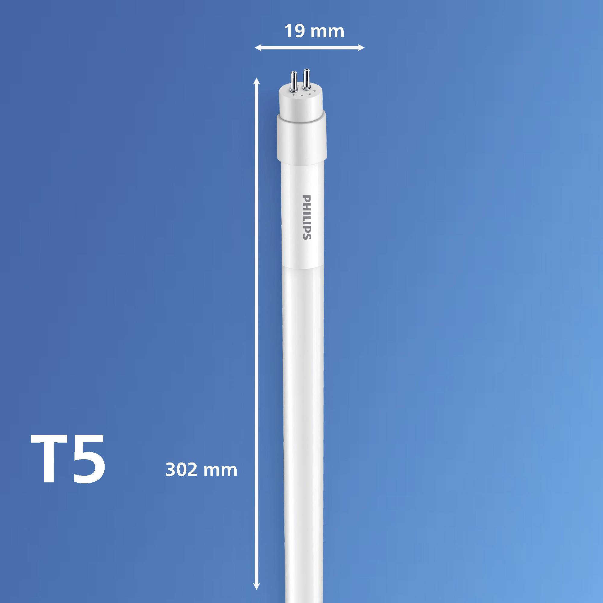 Philips 'T5' fénycső, 302 mm hosszú, 19 mm átmérőjű, kék háttér előtt ábrázolva.