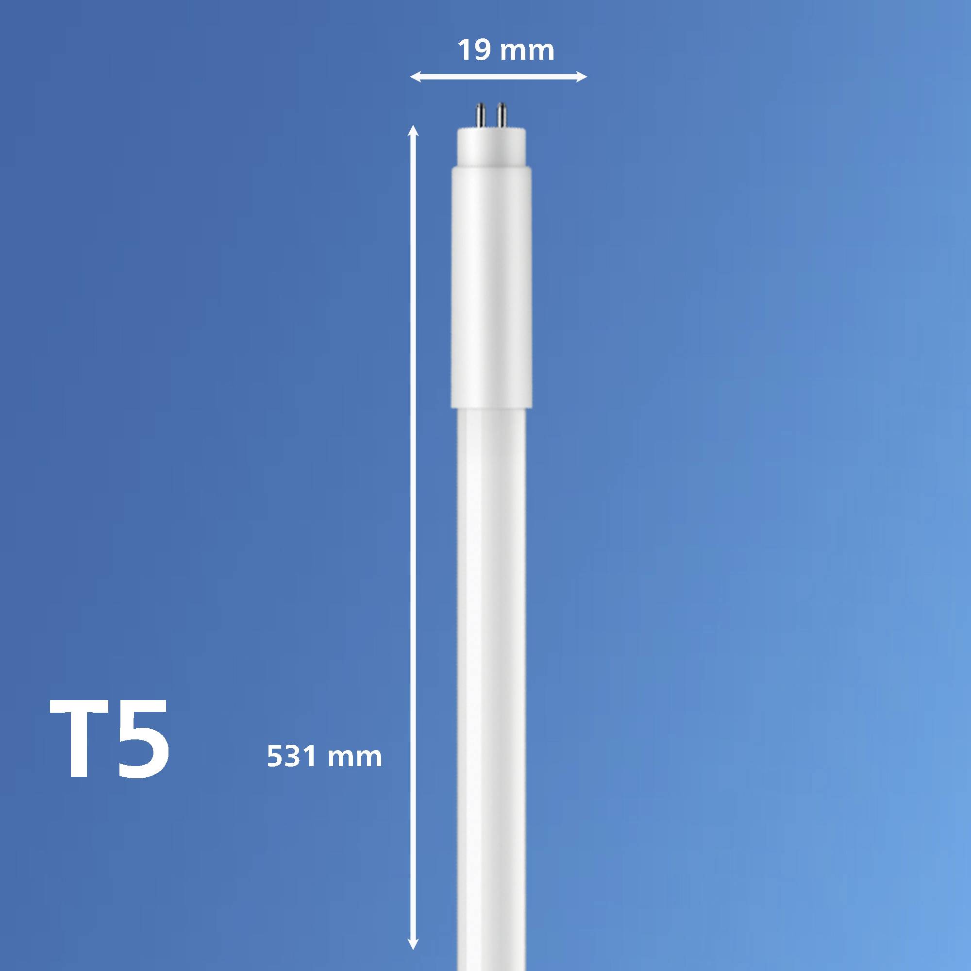 Egy T5-es fénycsőcső kék háttér előtt. Hossza 531 mm, átmérője 19 mm, amelyeket nyilak jelölnek.