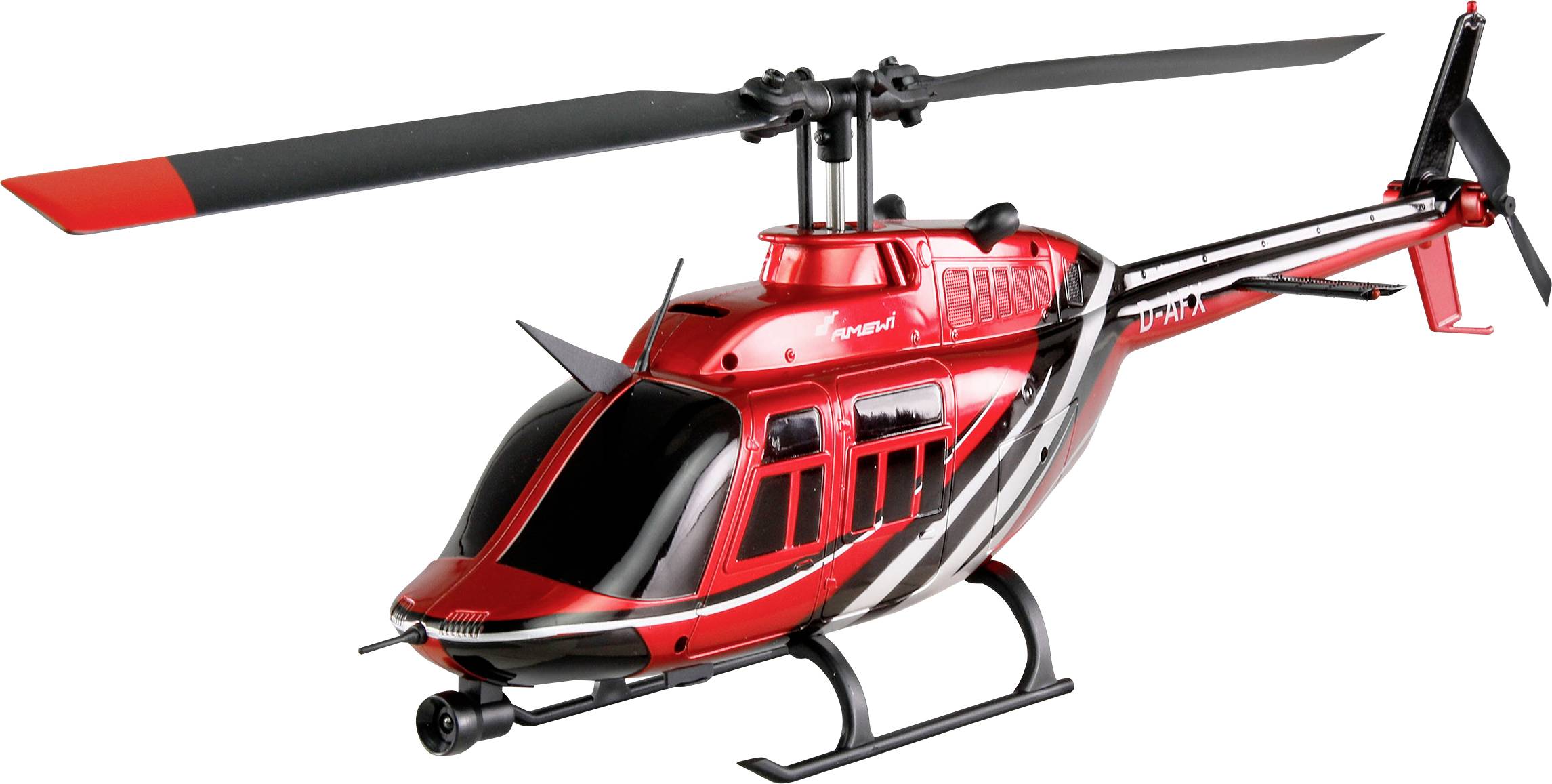 Piros játékhelikopter-modell fehér háttérben, fekete és ezüst csíkokkal, oldalról és kissé felülről nézve.