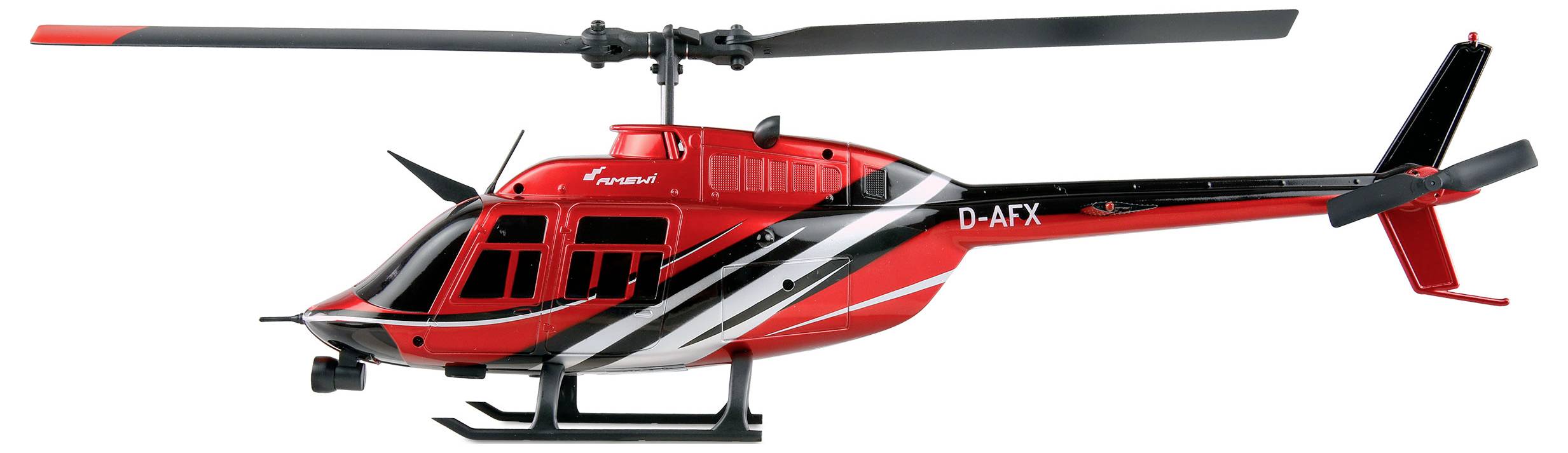Piros modellhelikopter játék D-AFX-címkével, fehér háttérben.