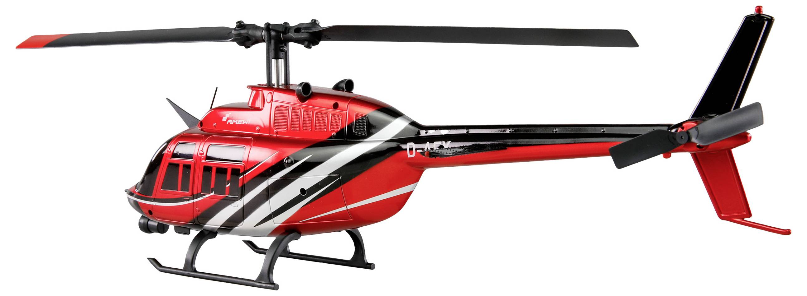 Piros játék helikoptermodell fekete és fehér csíkokkal, látható rotorlapátokkal és futóművekkel, fehér háttér előtt.