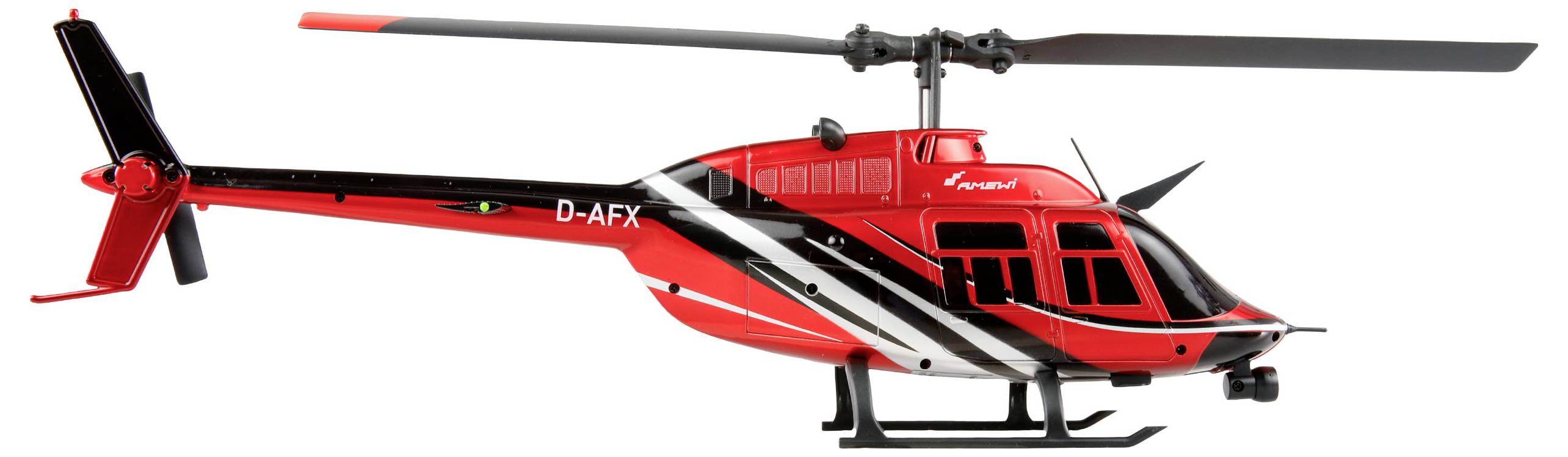 Fekete-fehér csíkos távirányítós piros modellhelikopter, amelynek az oldalán a 'D-AFX' felirat szerepel.