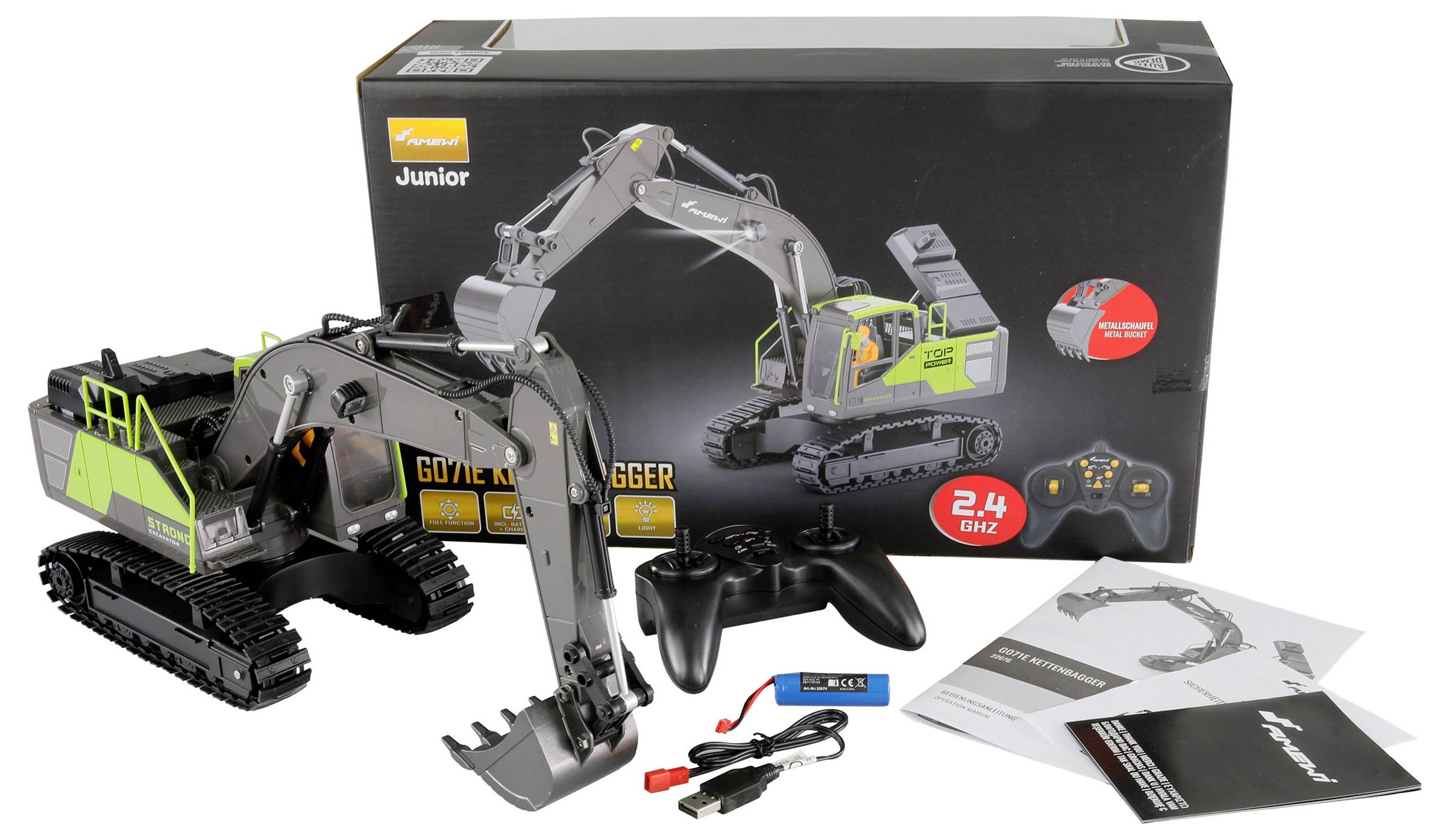 Egy távirányítós játék kotrógép távirányítóval és tartozékokkal, a csomagolása előtt, amely bemutatja a tartalmát és funkcióit.