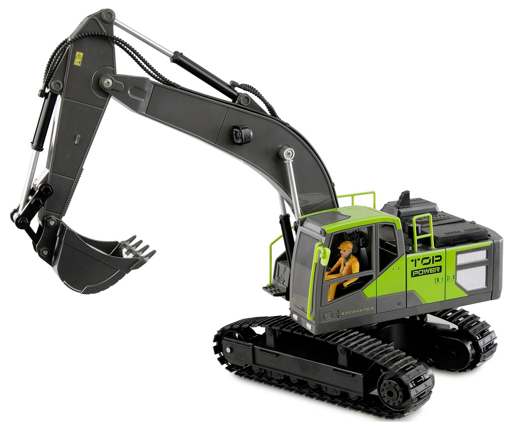 Egy szürke és zöld játék kotrógép, amelynek vezetőfülkéjében sofőr figura ül. A kotrókar mozgatható kanállal rendelkezik.