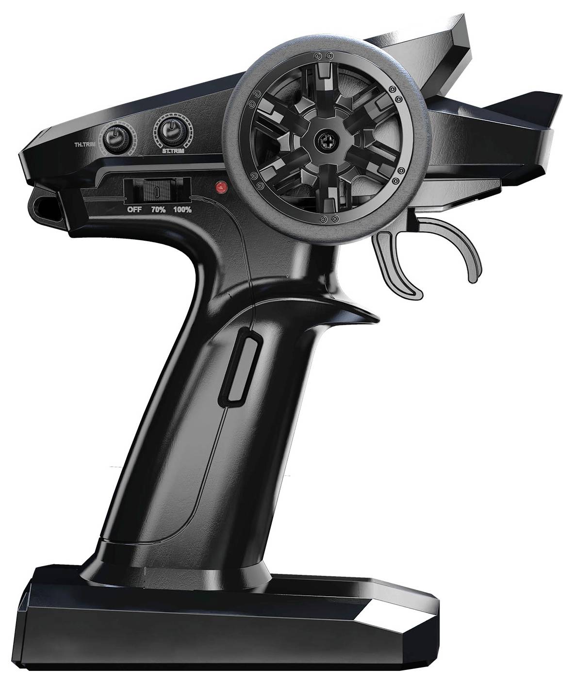 'Fekete rádiós távirányító, oldalnézet. Mutatja a kormányzáshoz szükséges gombokat és egy ravaszt a sebesség szabályozásához.'