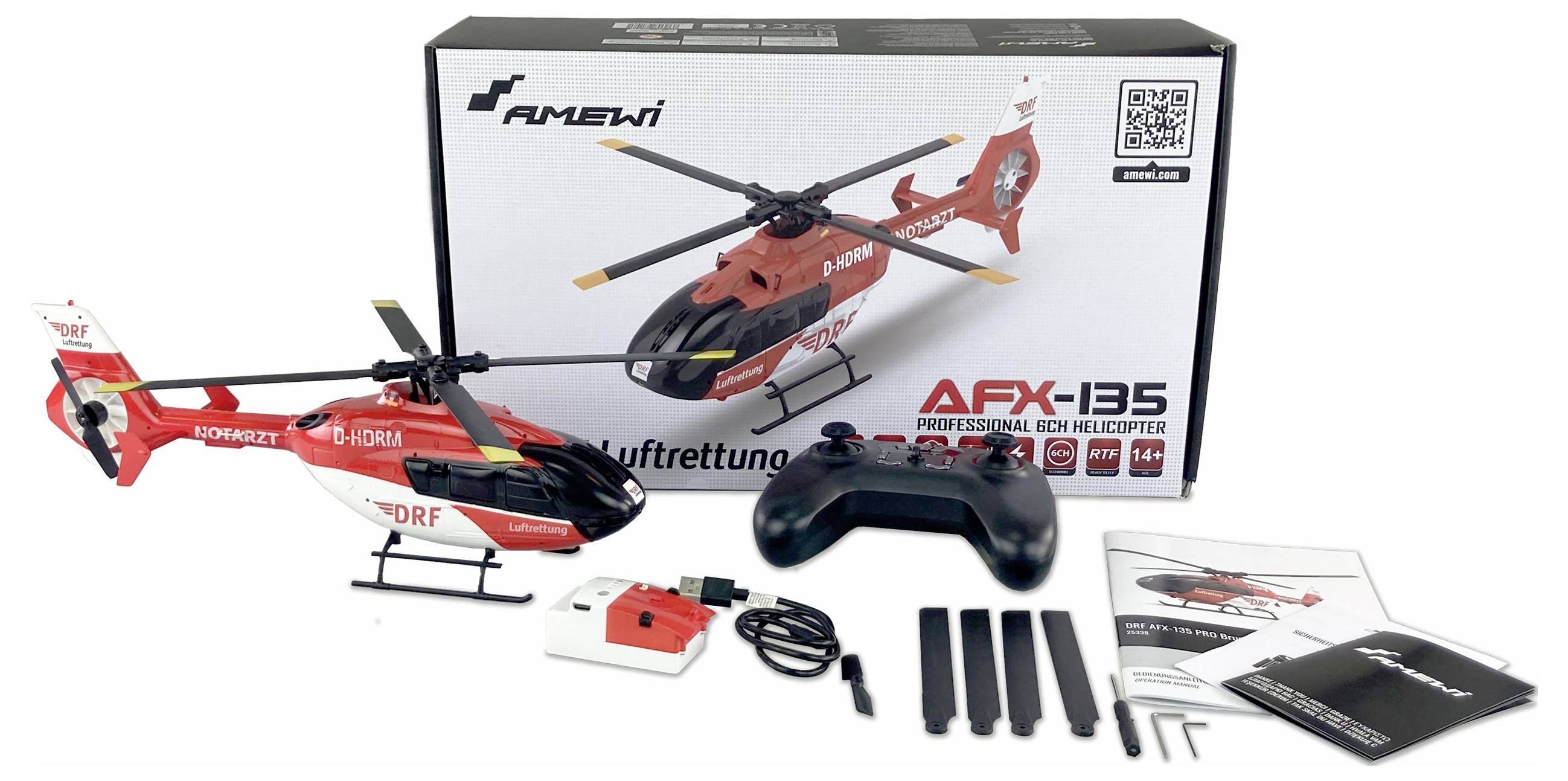 Játék helikopter szett: Piros modell helikopter tartozékokkal, mint távirányító és töltő. A csomagolás termékképet tartalmaz.