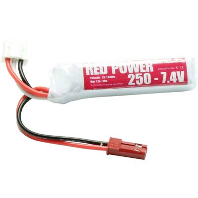 Egy piros akkumulátor kábellel és csatlakozóval. Az akkumulátoron a felirat: 'RED POWER 250 - 7.4V, 250mAh, 25C'.