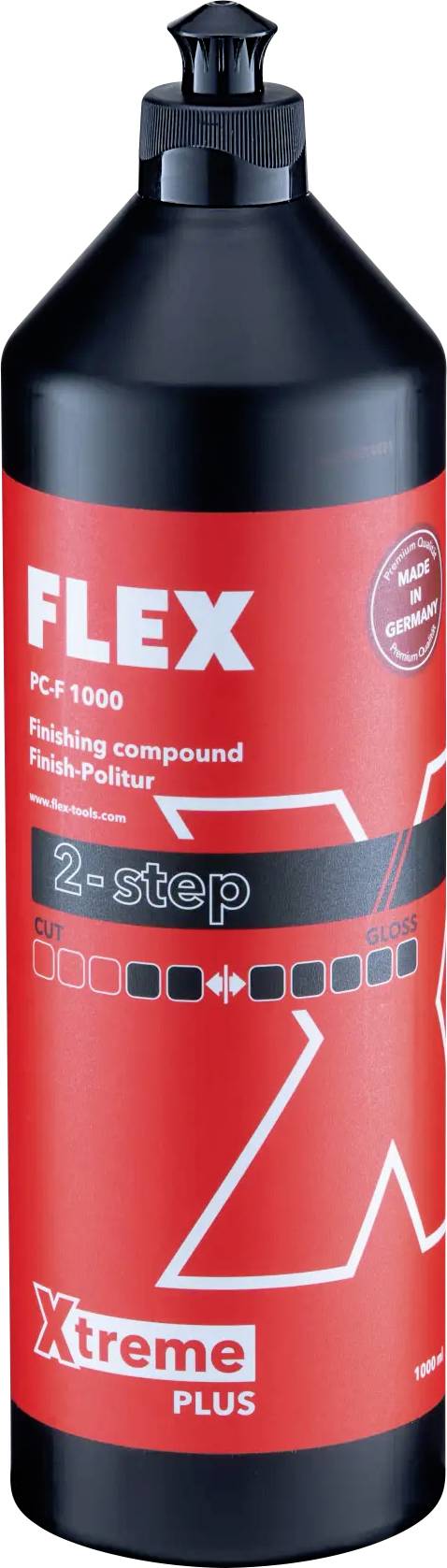 'FLEX Xtreme Plus PC-15: Polírozó üveg fekete kupakkal és piros címkével, kiemelkedő 2-lépcsős polírozás fényes felületek számára.'
