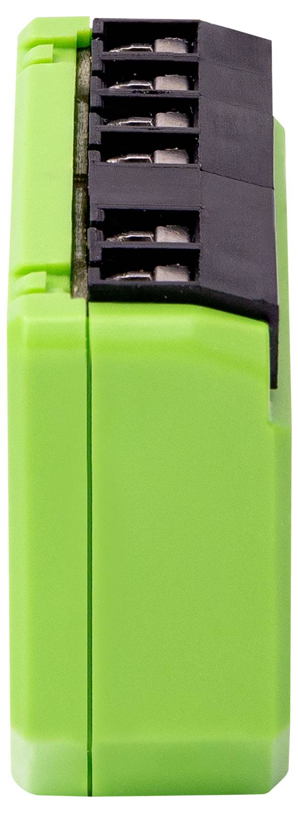 Egy zöld elektronikai eszköz fekete csatlakozókapcsokkal felül, ipari vagy műszaki felhasználásra.