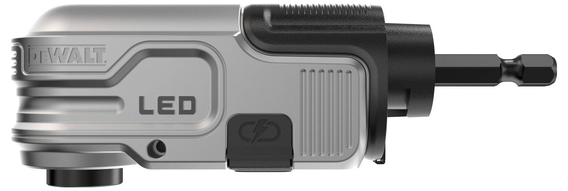 Egy DeWalt ezüst és fekete LED-s sarokcsavarozó, amelynek jobb oldalán bit-adapter van, baloldali oldalnézetben.