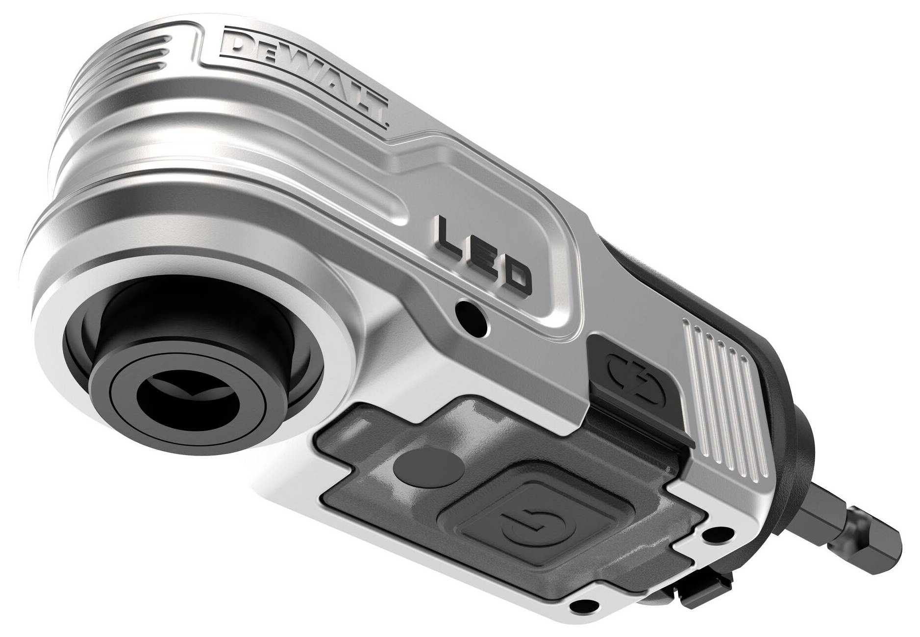 Egy ezüstszínű elektromos szerszám LED-es világítással, amely alkalmas precíziós munkákhoz. Az oldalán 'DEWALT' és 'LED' jelölés látható.