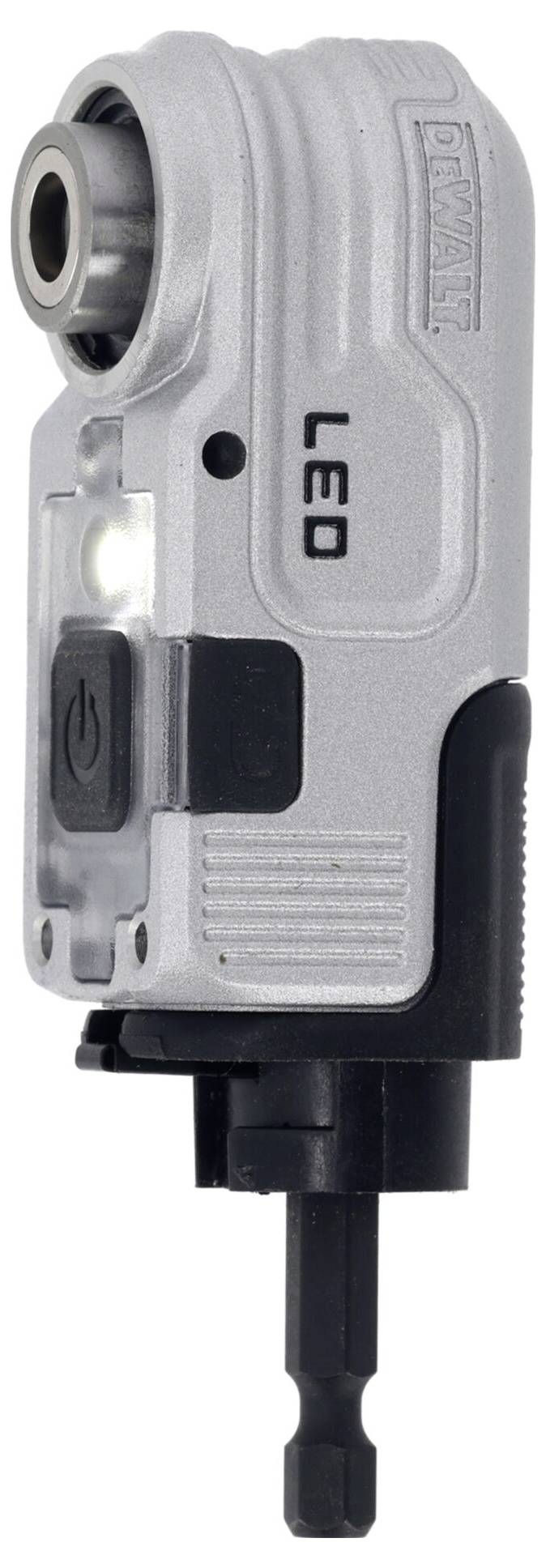 Ezüstszínű sarokfúró LED-fénnyel és mágneses bittartóval. Alkalmas precíziós munkavégzésre szűk terekben.