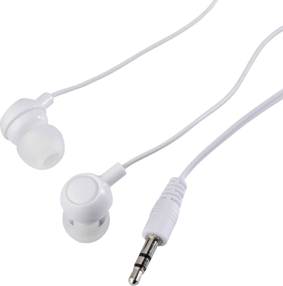 Fehér, vezetékes fülhallgató 3,5 mm-es jack csatlakozóval.