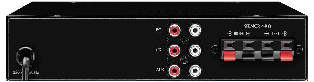Egy audióerősítő hátoldala PC, CD, AUX csatlakozókkal és bal és jobb oldali hangszóró kimenetekkel. Tápkábel balra.