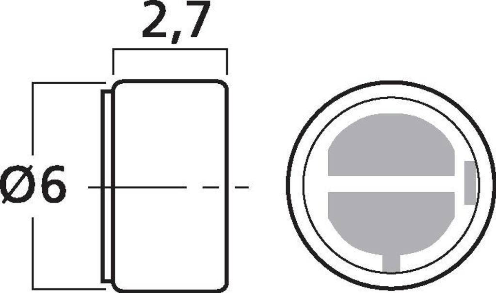 Műszaki rajz egy hengeres objektumról, 6 mm átmérővel és 2,7 mm magassággal, oldalnézet és felülnézet ábrázolva.