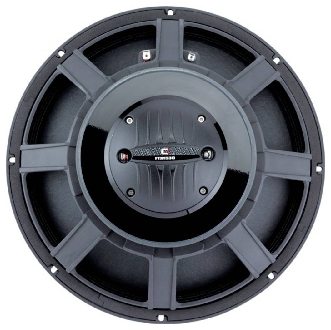 Egy felülnézeti nagy hangszóró. Kerek forma több bordával és központi elemmel. Fekete-szürke dizájn.