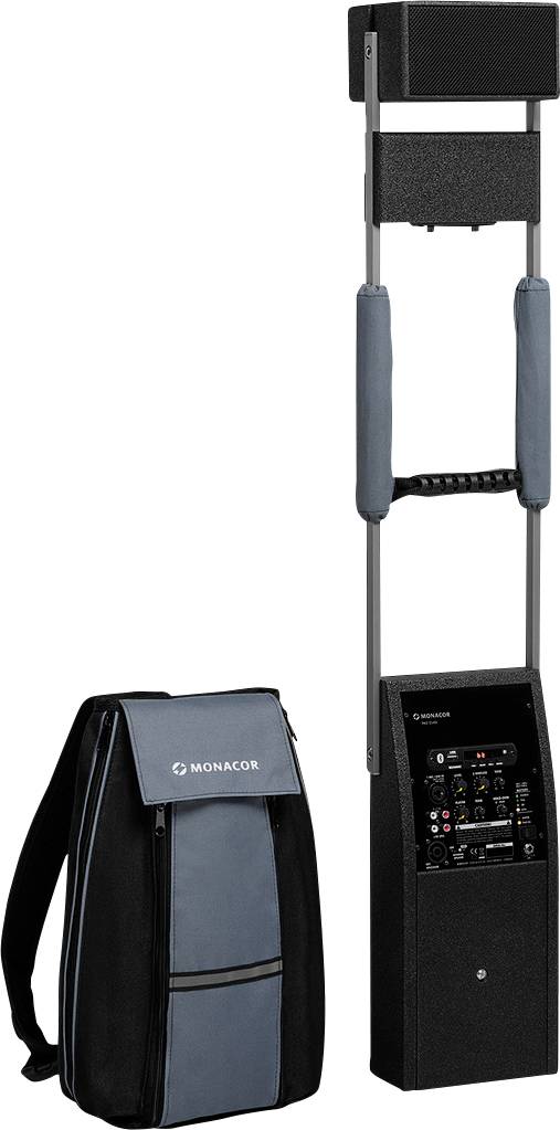 Hordozható hangrendszer hangszóróegységgel és kezelőszervekkel, amelyek egy táska mellett helyezkednek el. Alkalmas mobil hangosításra.