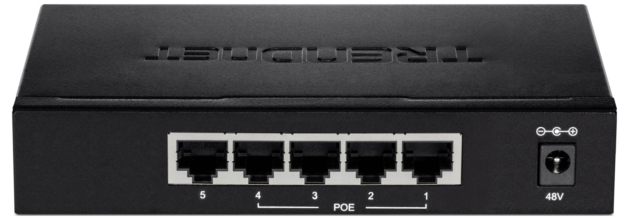 Fekete hálózati kapcsoló öt Ethernet-porttal, 1-től 5-ig számozva, és egy tápcsatlakozóval, amelyen a '48V' felirat olvasható.