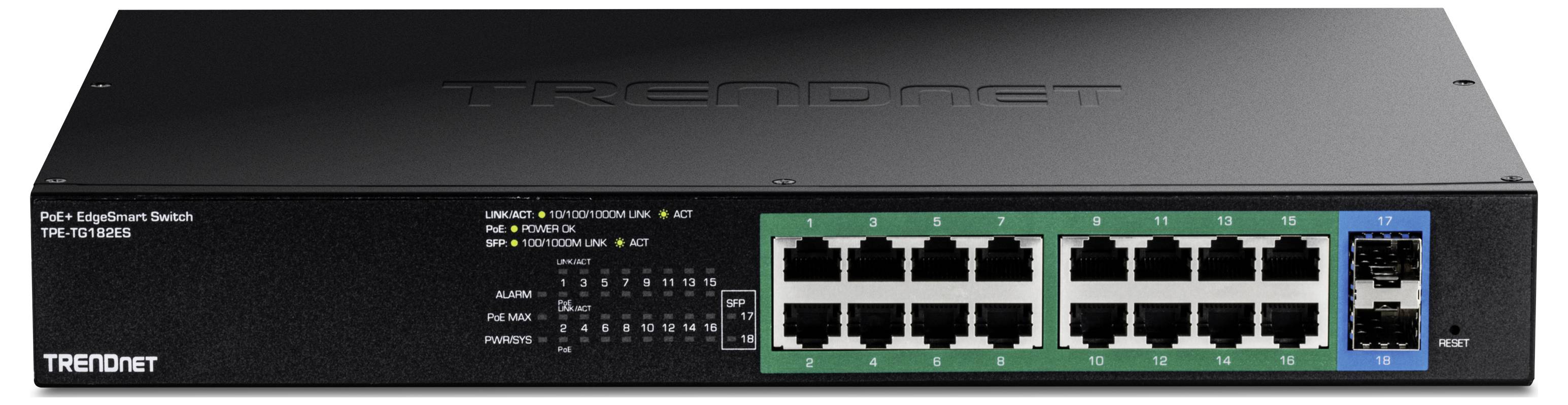 Egy 16 portos Ethernet-switch négy kiegészítő optikai (üvegszálas) csatlakozóval a jobb oldalán. A márkanév a front oldalán látható.