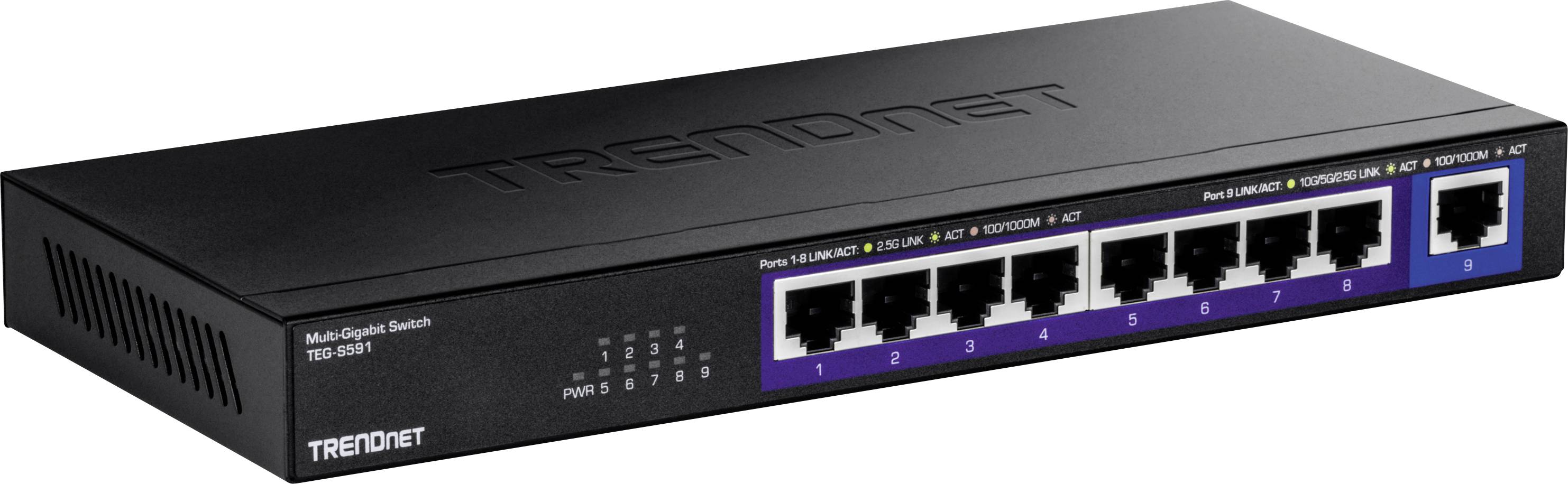 Egy fekete TRENDnet hálózati switch nyolc Ethernet-csatlakozóval az elején, amely alkalmas kis és közepes méretű hálózatok számára.